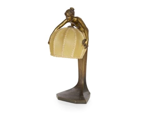  RUDOLF MARSCHALL (1873–1967) JUGENDSTIL TABLE LAMP, CIRCA 1900 patinated bronze, with original shade, signed in the bronze P