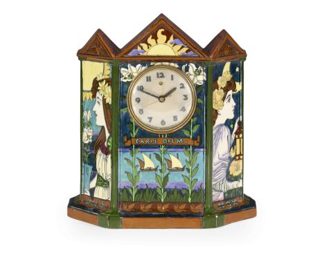  FREDERICK ALFRED RHEAD (1856–1933) FOR WILEMAN & CO. FOLEY 'INTARSIO' TABLE CLOCK, CIRCA 1900 printed and painted earthenwar