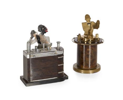  RONSON TWO CIGARETTE DISPENSERS AND LIGHTERS, CIRCA 1930 chrome-plated and enamelled metal, comprising; a ‘BARTENDER’, stamp