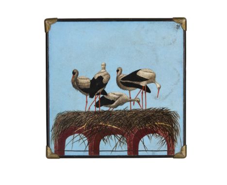  ENGLISH STORK 8 INCH TILE, 1879 ceramic, mounted on an ebonised wood and brass trivet, monogram EFH, stamped to each corner 