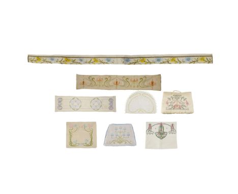  SCOTTISH GROUP OF GLASGOW STYLE EMBROIDERY, CIRCA 1905 comprising a PELMET, coloured threads and braid on a linen ground, li