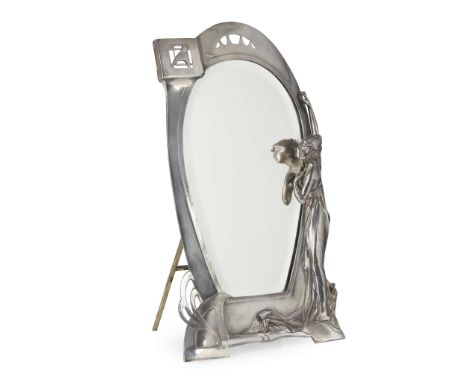  WMF (WURTTEMBERGISCHE METALLWARENFABRIK) JUGENDSTIL STRUT MIRROR, CIRCA 1906 plated metal, bevelled mirror plate, 52cm high;