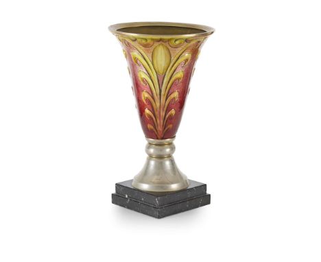  CAMILLE FAURÉ (1872-1944) ART DECO VASE, CIRCA 1920 enamel on brass, slivered metal, marble plinth, signed FAURE LIMOGES 34.