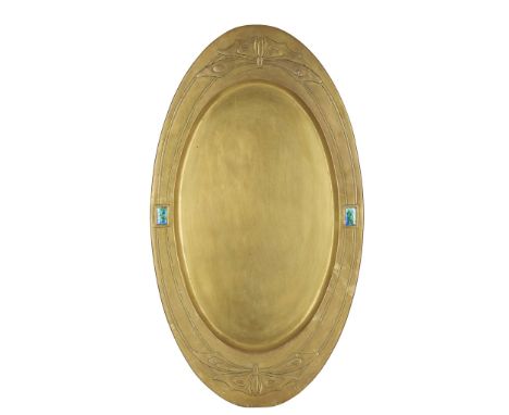  ATTRIBUTED TO MARGARET GILMOUR (1860-1942) GLASGOW SCHOOL TRAY, CIRCA 1910 brass and enamel 73cm wide, 41cm high   