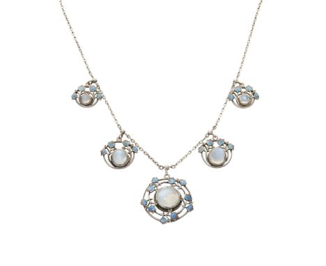  JESSIE MARION KING (1875-1949) FOR LIBERTY & CO. NECKLACE, CIRCA 1905 moonstone, enamel, white metal chain, stamped L & CO. 