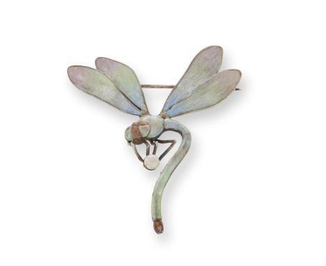  ATTRIBUTED TO MEYLE & MAYER, PFORZHEIM JUGENDSTIL DRAGONFLY BROOCH, CIRCA 1900 silver with enamel and freshwater pearl, stam