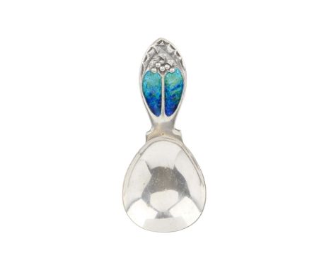  WILLIAM HAIR HASELER, PROBABLY FOR LIBERTY & CO. CADDY SPOON, 1911 silver and enamel, stamped maker's mark WHH, hallmarked B