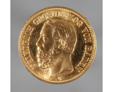 20 Mark Baden 1872 (G), Friedrich Großherzog von Baden, ss+/fast vz, Reste von Prägeglanz, G ca. 7,95 g. 