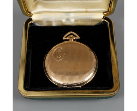 Goldsavonette Zenit  Schweiz, um 1920, flache Frackuhr aus 14 k Gelbgold mit Streifendekor, alle drei Deckel gestempelt, Werk