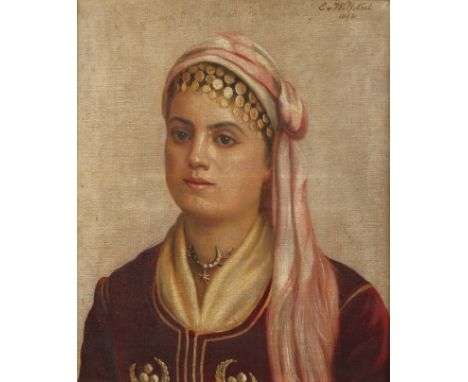 E. v. Wolfskeel, Portrait einer Orientalin Bildnis einer reich geschmückten jungen Frau mit durch ein Tuch bedecktem Haar, Öl