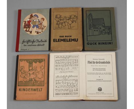 Konvolut Fibeln fünf Stück, 1920/30er Jahre, dabei: Elemelemu und Kinderwelt (beide von Otto Zimmermann und Eugen Osswald), H