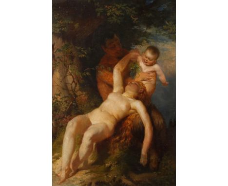 Prof. Eugen Klimsch, attr., Faun und Nymphe unter einem Baum sitzender Faun, mit einem Kind in den Armen und nackter Nymphe, 