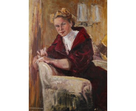 Elsa Sturm-Lindner, Mädchenportrait junge blonde Frau, leger im Sessel sitzend, pastose Malerei mit lockerem, breitem Pinseld