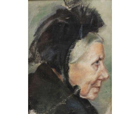 Frauenbildnis Portrait einer betagten Frau mit schwarzer Haube im Profil, leicht pastose Portraitmalerei, Öl auf Leinwand, um