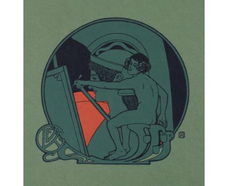 Koloman Moser, Allegorie der Kunst sitzender weiblicher Akt beim Zeichnen an einer Leinwand und im Hintergrund Portrait eines