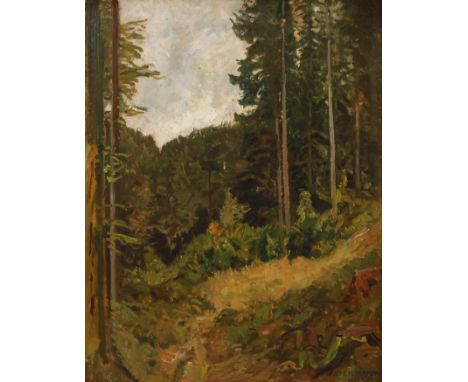 Ernst Liebermann, Waldidyll Blick von einer Lichtung in einen Fichtenwald, leicht pastose, flott erfasste Landschaftsmalerei,
