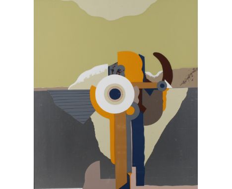 Karl Korab, "Fragment" Komposition aus verschiedenen Farben und Formen, Farbsiebdruck auf Aluminiumfolie, unter der Darstellu
