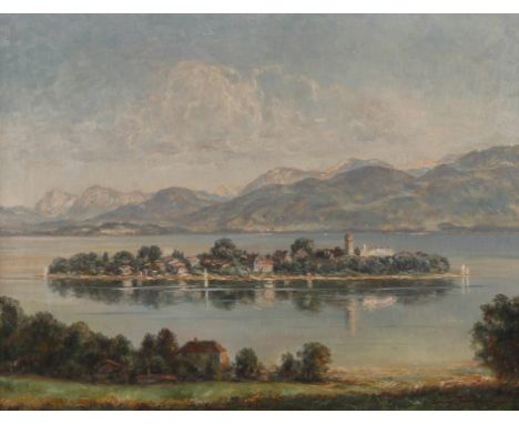 Louis Wöhner, "Frauen-Insel Chiemsee" sommerliche Ansicht der Fraueninsel, mit dem markanten Benediktinerinnenkloster Frauenw