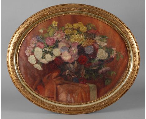 Karel Schadt, Blumenstillleben Weidenkorb mit üppigem Blumenbukett aus bunten Herbstblumen, pastose Blumenmalerei in warmer F