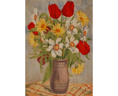 Bachmann, Blumenstillleben prachtvoller Blumenstrauß in einer Vase, Farbholzschnitt, um 1930, unter der Darstellung in Blei r