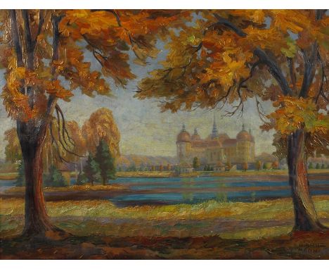 Karl Hübschmann, Ansicht Moritzburg herbstlicher Blick, unter bunt verfärbten Laubbäumen hindurch, über den Moritzburger Schl