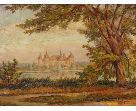 Karl Hübschmann, Blick auf Schloss Moritzburg Ansicht des im Wasser erbauten Jagdschlosses bei Dresden, pastose Landschaftsma