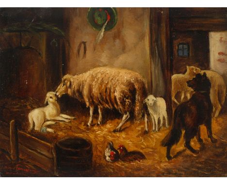 Ignaz Mayer-Frauenberg, "Die Muttersorge" idyllische Stallszene mit einem Mutterschaf, ihre Lämmchen leckend, dabei ein Hund 