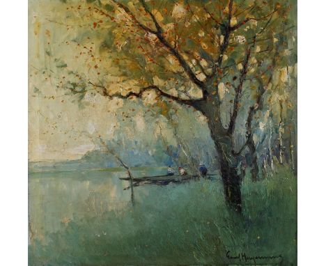 Paul Hagemans, "September am See" spätsommerliche Seeuferlandschaft mit Kahn, pastose, impressionistische Malerei mit lockere