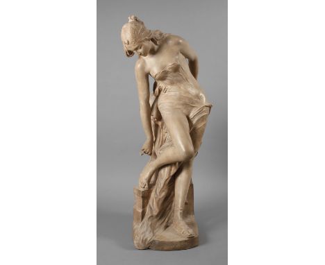 Goldscheider übergroße Figur "Sandalenbinderin" um 1899/1900, signiert mit Synonym Simon, Reliefmarke Sculpture, Schriftzug „