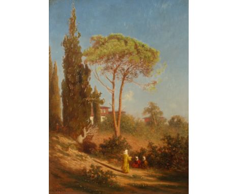 Théodore Frère, Rast unter Pinien Gruppe von Arabern am Rande einer Siedlung, in ein Gespräch unter schattenspendenden Bäumen