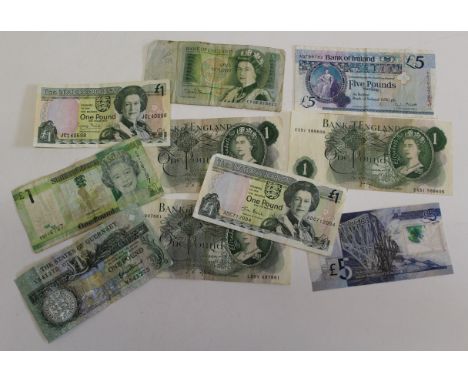 Four One Pound Queen Elizabeth notes prefix EX - R -L CY plus Bank of Ireland Five Pound Note prefix AE  Clydesdale Five Poun