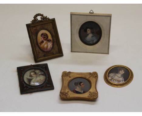 20th century French School, a half length portrait miniature of Josephine de Beauharnais, 8 x 6cm, together with four other 2