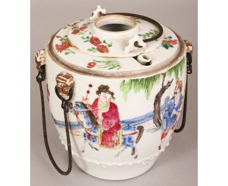 AN UNUSUAL 19TH CENTURY CHINESE FAMILLE ROSE PORCELAIN TEAPOT & FITTED CONTAINER, possibly Daoguang Period, the sides of each