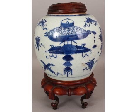 AN 18TH/19TH CENTURY CHINESE PROVINCIAL BLUE & WHITE PORCELAIN JAR, together with a fitted hardwood cover and stand, the jar 