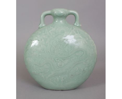 A CHINESE CELADON GLAZED DRAGON MOON FLASK, with underglaze moulded decoration, the base with an extended Qianlong seal mark,