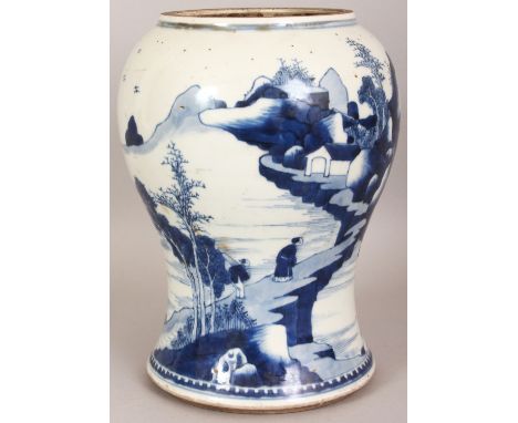 A CHINESE KANGXI PERIOD BLUE & WHITE PORCELAIN VASE, painted in a vivid tone of underglaze-blue with a continuous mountainous