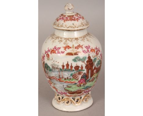 A GOOD 18TH CENTURY CHINESE QIANLONG PERIOD MEISSEN STYLE FAMILLE ROSE PORCELAIN TEA CADDY & COVER, painted with two repeated