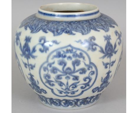 A CHINESE MING STYLE BLUE & WHITE PORCELAIN JAR, decorated with formal foliage and ruyi form panels, the base with a six-char