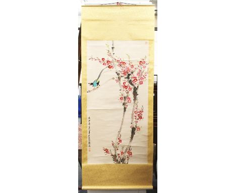 ANOTHER CHINESE HANGING SCROLL PICTURE, depicting a bird perched on a blossoming branch, the picture itself 52in x 25.75in.