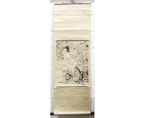 ANOTHER CHINESE HANGING SCROLL PICTURE, depicting a lady wading in a stream, the picture itself 24in x 16.9in.