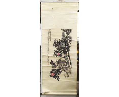 ANOTHER CHINESE HANGING SCROLL PICTURE, depicting branches of hanging fruit, the picture itself 36.75in x 17.5in.