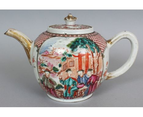 AN 18TH CENTURY CHINESE QIANLONG PERIOD FAMILLE ROSE MANDARIN PORCELAIN TEAPOT & COVER, painted in vivid enamels with two rep