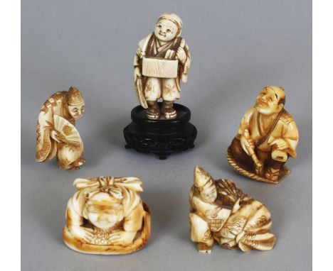 A GROUP OF FIVE JAPANESE MEIJI PERIOD IVORY NETSUKE & OKIMONO, some signed, various figural subjects including Ebisu, the lar