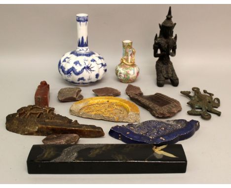 A QUANTITY OF SUNDRY ORIENTAL ITEMS, including tile fragments, a Thai wood deity, two Chinese vases, a lacquer box and a soap