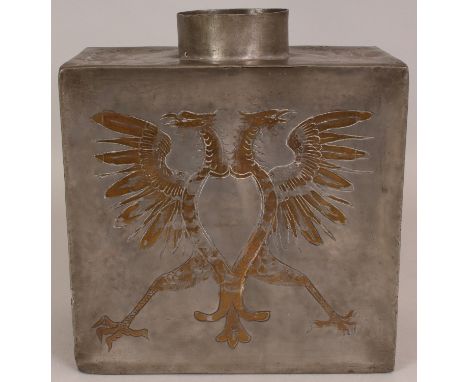 A RARE LARGE 18TH CENTURY CHINESE RUSSIAN MARKET RECTANGULAR GILT DECORATED PEWTER TEA CADDY, the two wider sides each with a