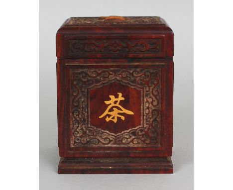 A CHINESE RECTANGULAR WOOD BOX, decorated with scroll bordered calligraphy, 3.8in x 3.1in x 5in high.