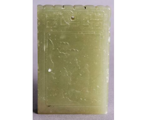 A CHINESE CELADON JADE RECTANGULAR PENDANT, 2.25in x 1.4in.
