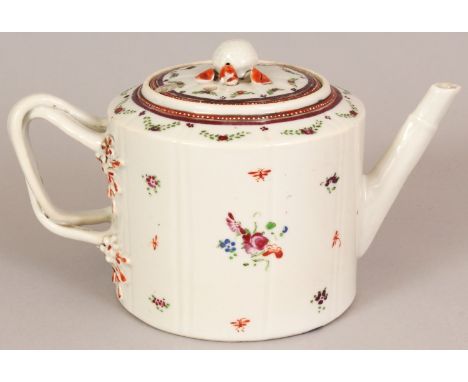 A CHINESE QIANLONG/JIAQING PERIOD FAMILLE ROSE PORCELAIN TEAPOT & COVER, circa 1800, the fluted cylindrical body painted with