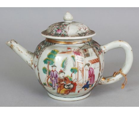 AN 18TH CENTURY CHINESE QIANLONG PERIOD FAMILLE ROSE MANDARIN PALETTE PORCELAIN TEAPOT & COVER, painted with two repeated fig