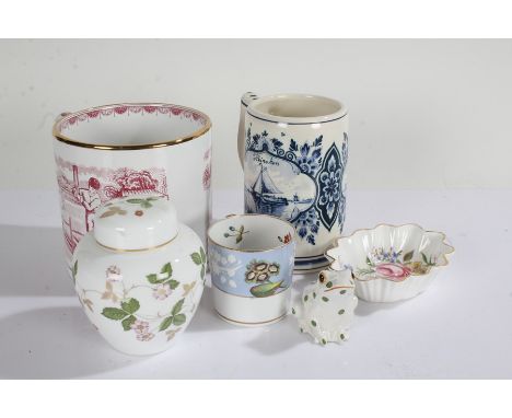 Large Wade Taunton cider mug, printed with a cricket scene, together with a Delft mug, Wedgwood 'Wild Strawberry' ginger jar 